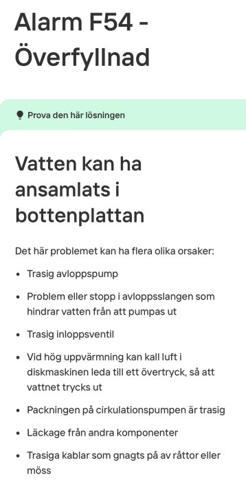 Skärmdump av Cylindas hemsida som visar felmeddelandet "Alarm F54 – Överfyllnad" och möjliga orsaker såsom trasig avloppspump och läckande komponenter.