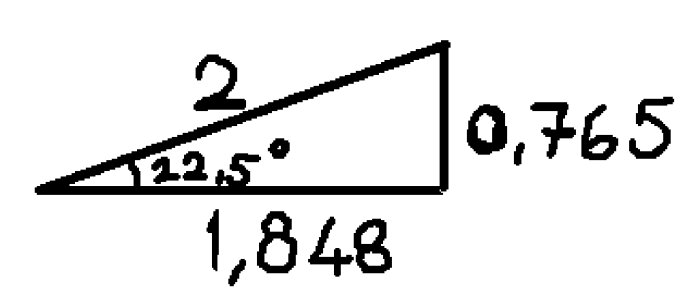 Ritning av en triangel med måtten 2, 1,848 och 0,765 enheter samt en vinkel på 22,5 grader i ena hörnet.