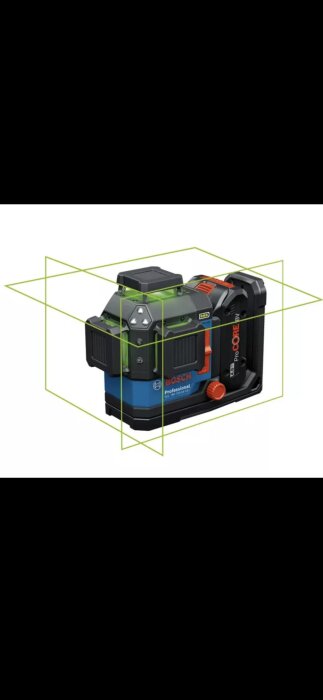 Bosch 18V laserverktyg med grön laserstråle som visas i flera riktningar. Modellnamn: GLL 18V-120 C Professional.