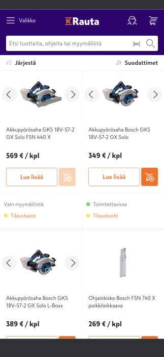 Skärmdump från K-Rauta med tre Bosch GKS 18V-57-2 verktyg, priset är 569 €, 349 €, och 389 €, och en Bosch FSN 740 X guide med priset 269 €.