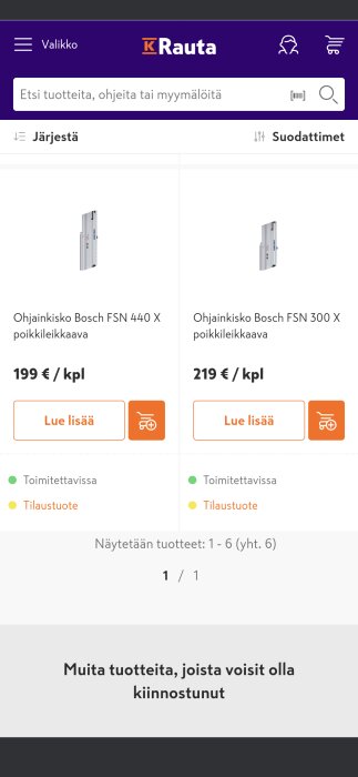 Skärmdump av K-Rauta webbsida som visar Bosch FSN 440 X och FSN 300 X styrskenor till priserna 199 € respektive 219 € styck, ej i lager.