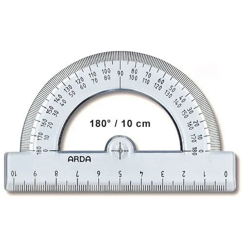 Vinkelmätare i plast från ARDA, halvcirkelformad med graderingar från 0° till 180° och en linjal som mäter upp till 10 cm.
