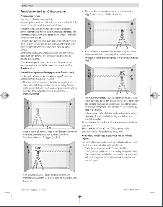 En sida från en manual som visar instruktioner och illustrationer för precisionskontroll av ett mätinstrument, inklusive hur man kalibrerar och justerar det.