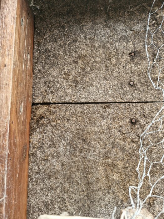 En närbild av en vägg täckt med fibermaterial och fastsatta med spikar. Trästolpar ses på sidan och hönsnät till höger.