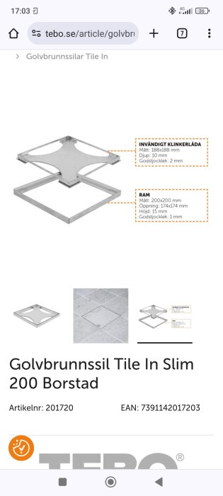 Golvbrunnssil Tile In Slim 200 Borstad med invändig klinkerlåda och ram mått 200x200 mm, visas med teknisk beskrivning och exempel på installation i klinkergolv.