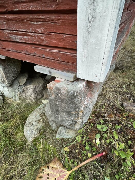 Ett hörn av ett rött trähus som har satt sig. Stenar och markens vegetation syns vid husgrundens hörn.