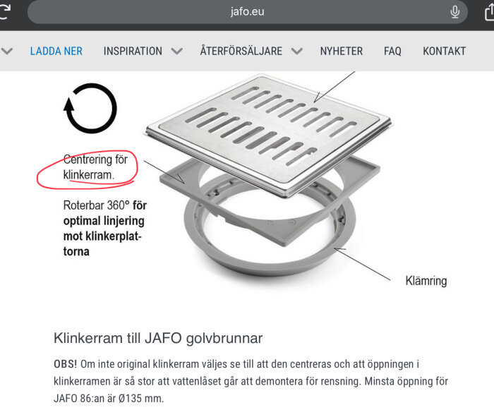 Exploderad vy av JAFO klinkerram med text som beskriver komponenter: klämring och centreringsdel för klinkerram. Cirkulerad text "Centrering för klinkerram.