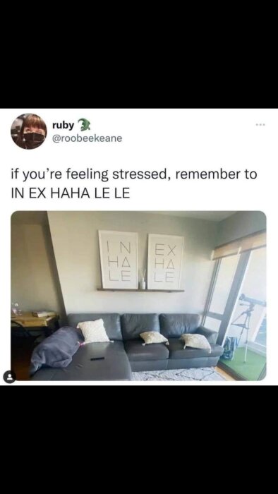 Bild på en hörnsoffa med kuddar i ett vardagsrum, med två tavlor ovanför soffan som har texterna "IN HALE" och "EX HALE". En tweet ovanför bilden om stresshantering.