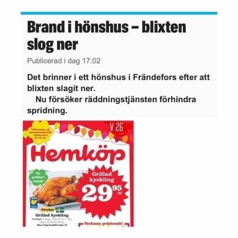Nyhetsartikel om brand i hönshus i Frändefors efter blixtnedslag. Under nyhetsartikeln syns en reklamannons från Hemköp för grillad kyckling som kostar 29,95 kr per kilo.