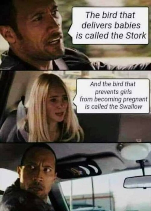 En man och en flicka sitter i en bil och pratar. Mannen pratar om att storken levererar bebisar, flickan svarar att svalan förhindrar graviditeter.