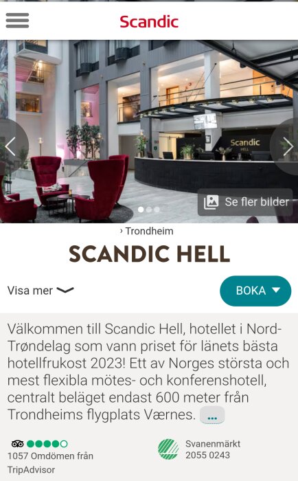 Bild på lobbyn i Scandic Hell hotell i Trondheim, röd soffa och fåtöljer, receptionen till höger och text om vinnande hotellfrukost och närhet till flygplats.