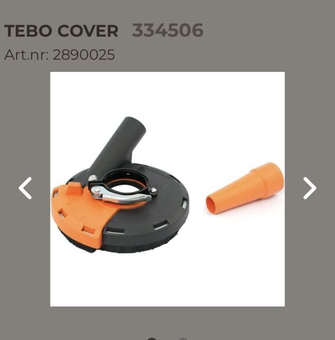 Dammskydd TEBO COVER 334506 med artikelnummer 2890025, inklusive orange tillbehör för dammupptagning vid sliparbeten.