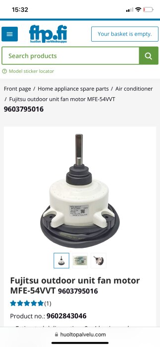 Bild på en Fujitsu utomhusenhet fläktmotor MFE-54VVT med gummitätning längst ner, visad i produktbeskrivning från en online återförsäljare.