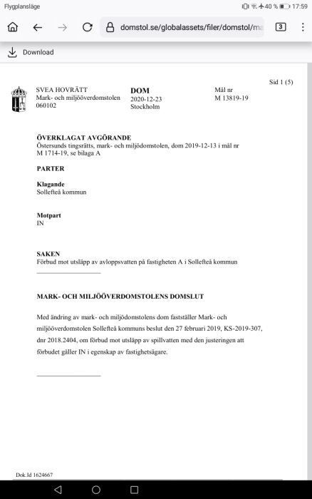 Bild av en dom från Svea hovrätt om ett utsläppsförbud på en fastighet i Sollefteå kommun, där förbudet slutligen godkändes.