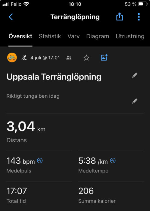 Skärmbild av träningsapp som visar en terränglöpning på 3,04 km i Uppsala den 4 juli kl 17:01. Tid: 17:07, medelpuls: 143 bpm, medeltempo: 5:38/km, kalorier: 206.