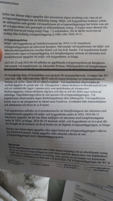 Närbild på ett dokument från Sollefteå kommun angående en avloppsinspektion vid en fastighet, med text som beskriver inspektionsresultat och åtgärdskrav.