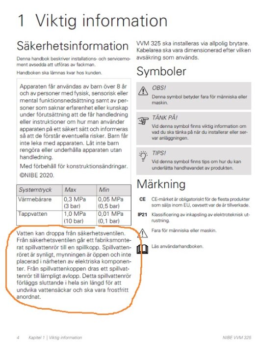 Installationshandledningen för NIBE VVM 325 visar på sidan om säkerhetsinformation, beskrivning av symboler och specifikationer för systemtryck.