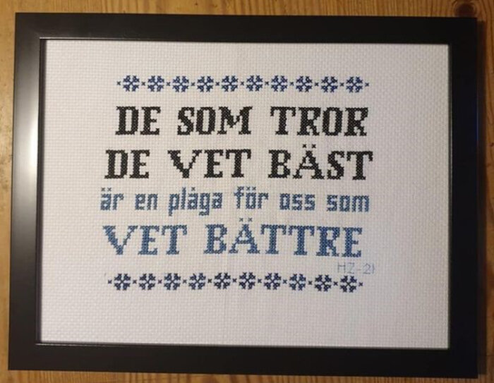 Broderad tavla med texten "De som tror de vet bäst är en plåga för oss som vet bättre" i svart och blått. Tavlan är inramad i en svart ram.