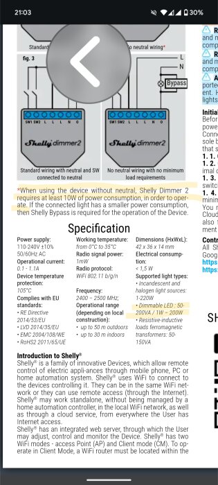 Instruktionsblad för Shelly Dimmer 2 visar inkopplingsscheman, specifikationer, och krav för användning utan neutral ledning, samt stöd för olika typer av ljuskällor.