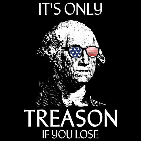 Svartvit illustration av George Washington med solglasögon prydda med USA-flaggan och texten "It's only treason if you lose".