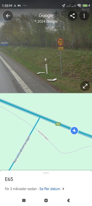 Vägmärke längs E65 visar att hastighetsbegränsningen ändras till 70 km/h om 250 meter; bild tagen från Google Street View med kartläggning nedanför.