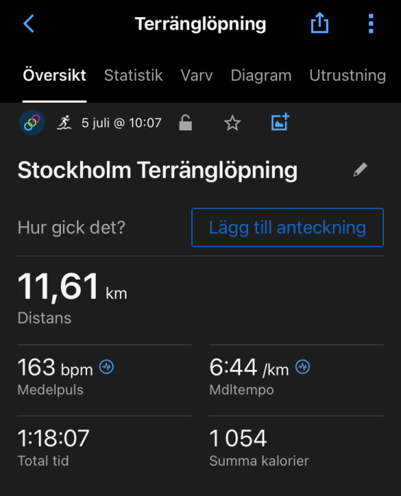 Träningsöversikt för terränglöpning i Stockholm, 11,61 km distans. Medelpuls: 163 bpm, medeltempo: 6:44 min/km. Total tid: 1:18:07, kalorier: 1054, 5 juli kl 10:07.