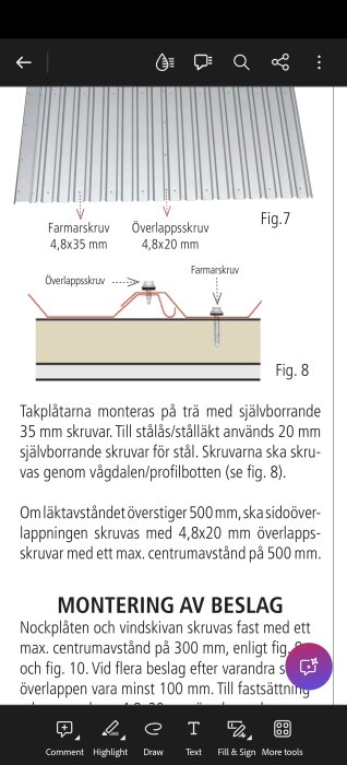 Illustration av monterade plåtar med farmarskruv och överlappsskruv, inklusive instruktioner för skruvning på olika material.