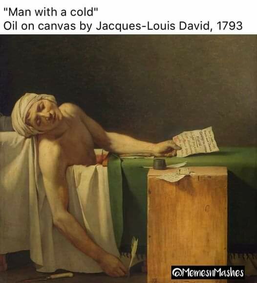 Oljemålning av Jacques-Louis David från 1793 visar Marat liggande död i ett badkar.