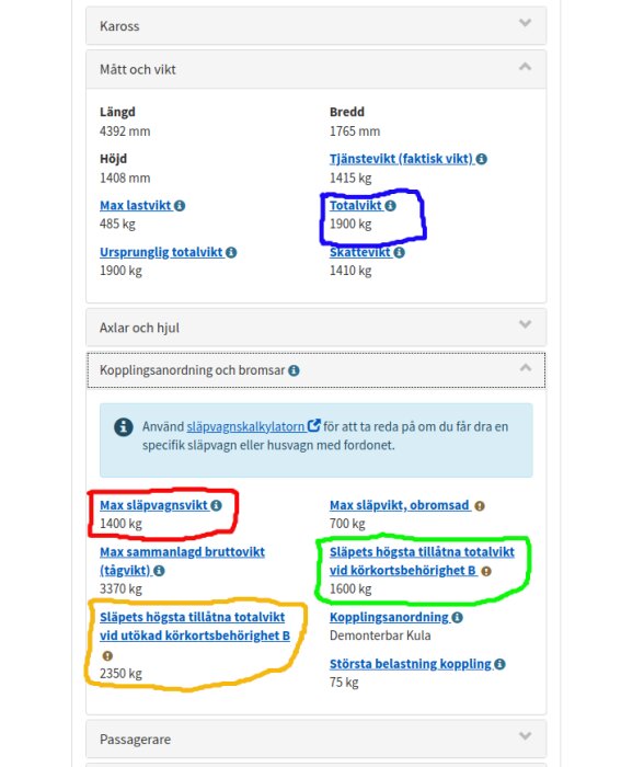 Bild av en skärmdump från Transportstyrelsen som visar fordonspecifikationer och maxvikt för släp. "Totalvikt 1900 kg" markerat i blått, "Max släpvagnsvikt 1400 kg" i rött.