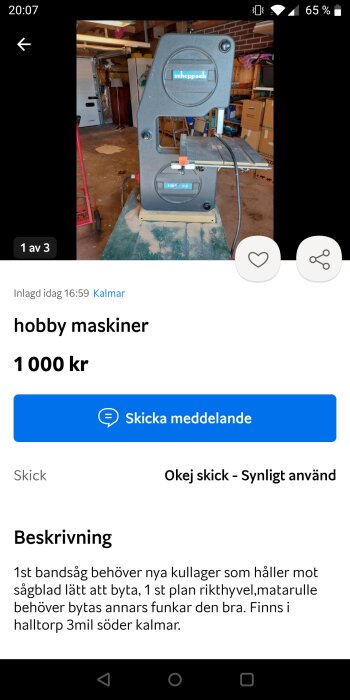 Bild på en begagnad bandsåg av märket Scheppach HBS32 i ett garage, annonserad till försäljning för 1000 kr i Kalmar.