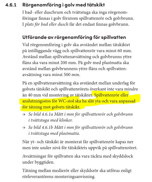 Branschregelverk för säker vatteninstallation med markerad text om att spillvattenrör eller anslutningsstos för WC-stol ska ha slät yta och vara anpassad för tätning mot golvets tätskikt.