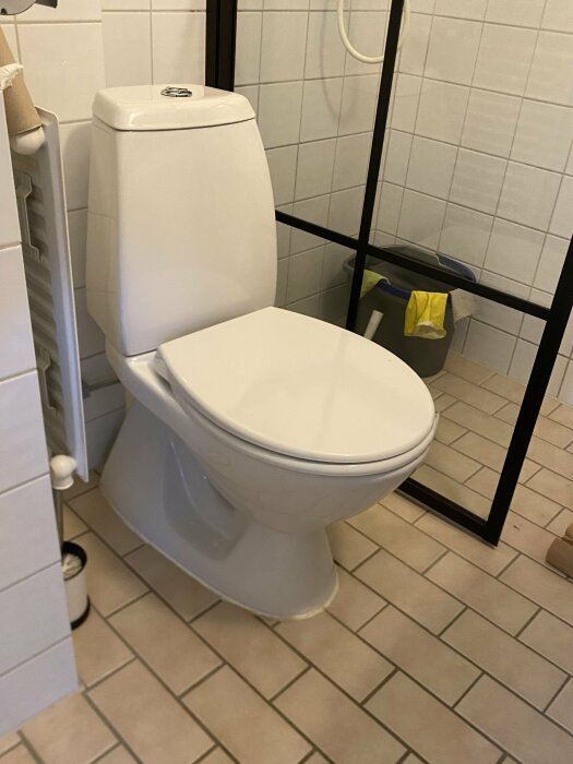 Vit toalett i ett badrum med trasig spolknapp på cisternlocket. Bakom toaletten syns en duschkabin med glasvägg och en hink med rengöringsredskap.