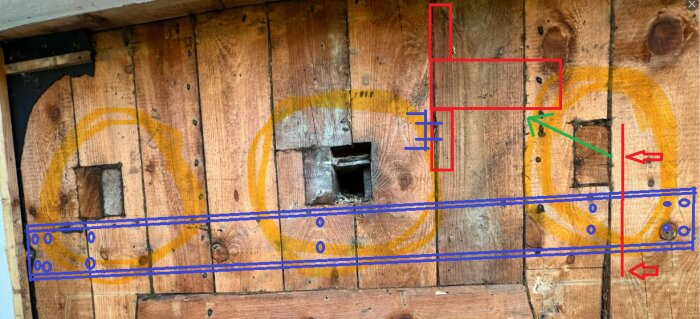 Trävägg med träbalkar, markerad med gula cirklar och röda och blå linjer för att illustrera montering av en UPE-balk, samt skruvpositioner och vertikala träregler.