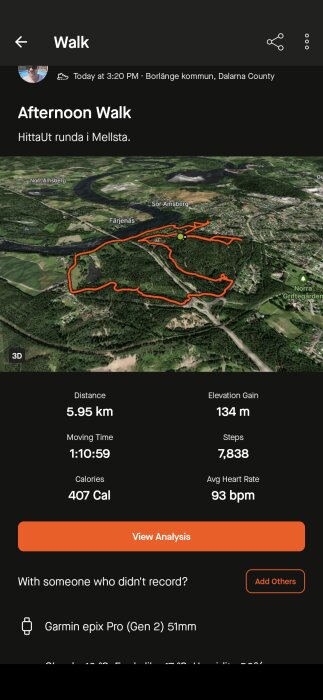 GPS-karta och statistik från en eftermiddagspromenad i Mellsta, Borlänge. Distans: 5,95 km, höjdökning: 134 m, tid: 1:10:59, steg: 7838, kalorier: 407, puls: 93 bpm.