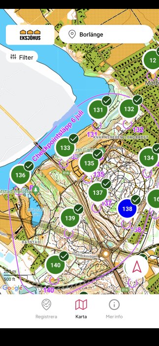 Karta över Borlängeområdet med checkpoints markerade i grönt och en i blått, samt texten "Checkpointsläp 6 juli". Visa möjligheter att filtrera och registrera.