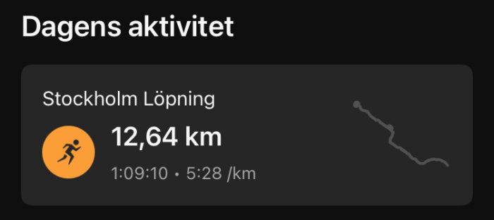 Träningssammanfattning som visar en löpning i Stockholm på 12,64 km, med en total tid på 1 timme, 9 minuter och 10 sekunder, och ett tempo på 5:28 minuter per kilometer.