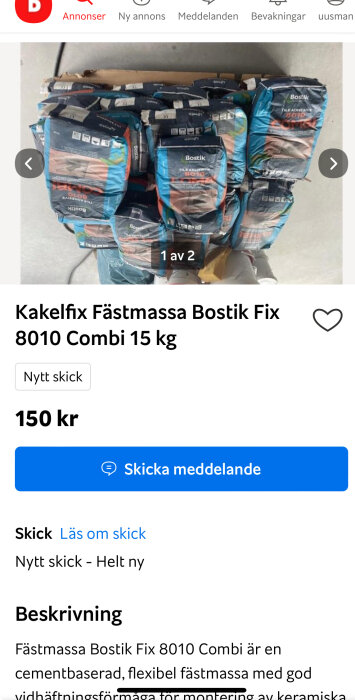 Flera säckar av Bostik Fix 8010 Combi kakelfix, 15 kg vardera, staplade på varandra i ny skick. Priset är 150 kr per säck.