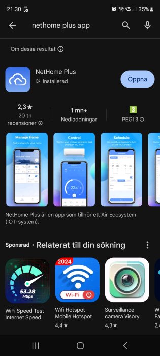 Sökresultat för NetHome Plus app i Google Play Butik, inkluderar betyg, nedladdningar, PEGI-klassificering, skärmbilder och liknande appar.