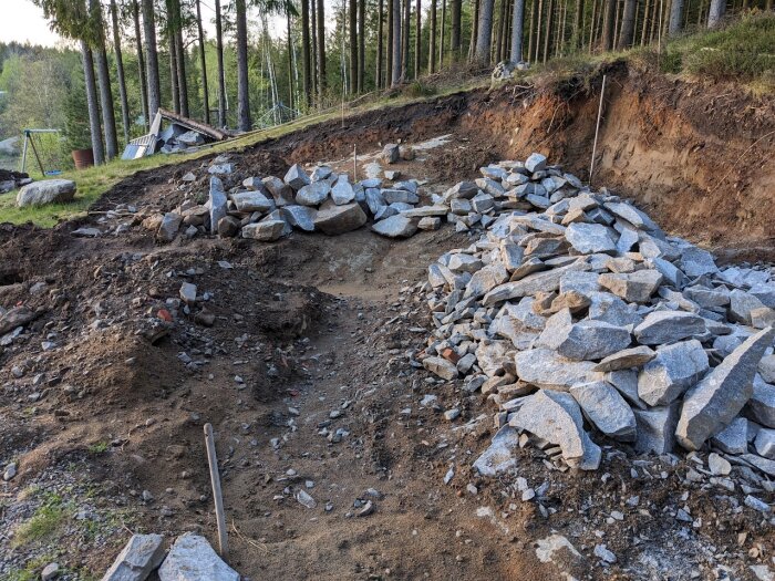 Hög av stenblock och grus på en byggarbetsplats omgiven av träd, avsett att bli en granitgrundmur; marken är synligt uppgrävd.