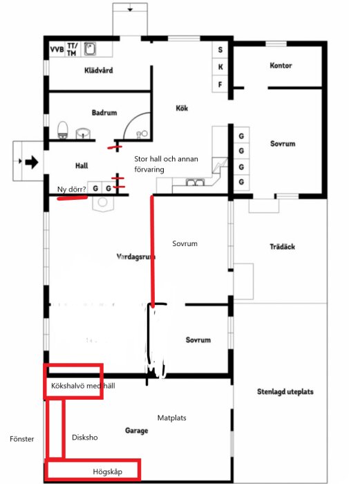 Byggnadsritning av ett hus med markerade ombyggnadsförslag: nya dörrar, U-format kök, hall med förvaring, två sovrum och en kökshalvö med håll för högskåp och diskho.