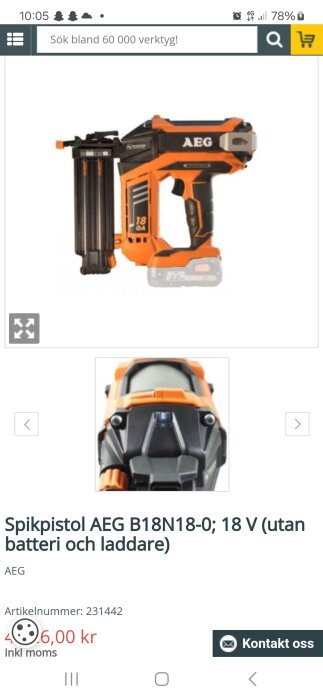 Spikpistol AEG B18N18-0, 18V, orange och svart, visas i onlinebutik med pris 4,606 kr.