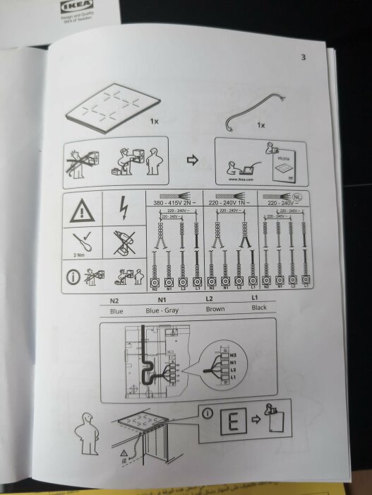 En installationsmanual från IKEA visar instruktioner för att sätta ihop och koppla en produkt, inkl. elanslutningar och säkerhetsvarningar.