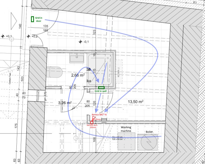 Ritning över våningsplan med markerade rördragningar för ventilation genom trapphuset, visar placering av Aereco BXC och olika dimensioner på rör.