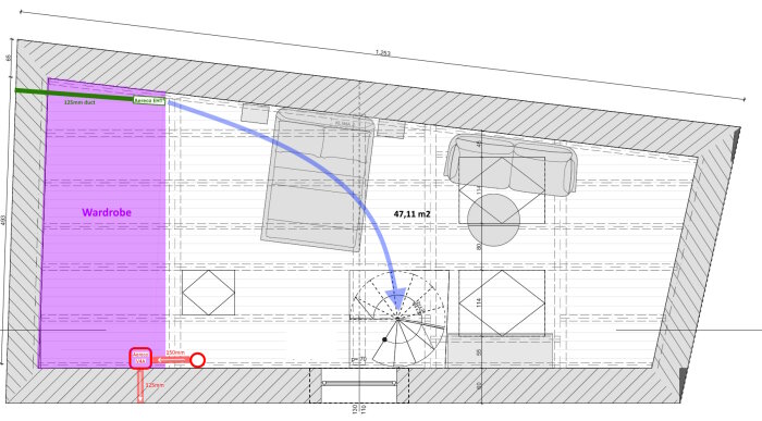 Planritning av rum med 47,11 m² yta, en markerad garderobzon, en spiraltrappa och detaljer om rördragning med Aereco V4A och 125 mm samt 150 mm rör.