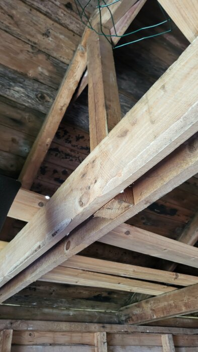 Träramen och bjälklaget i ett garageunder tak. Några av brädorna har synliga tecken på ålder och slitning. Wiring hänger även från taket.