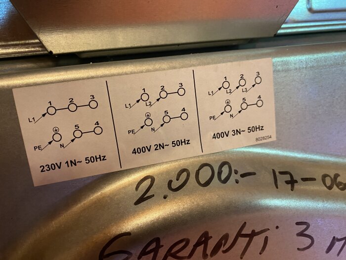 Etikett med kopplingsdiagram för 230V 1N~ 50Hz, 400V 2N~ 50Hz, och 400V 3N~ 50Hz på en metallyta, text med pris och datum synlig under etiketten.