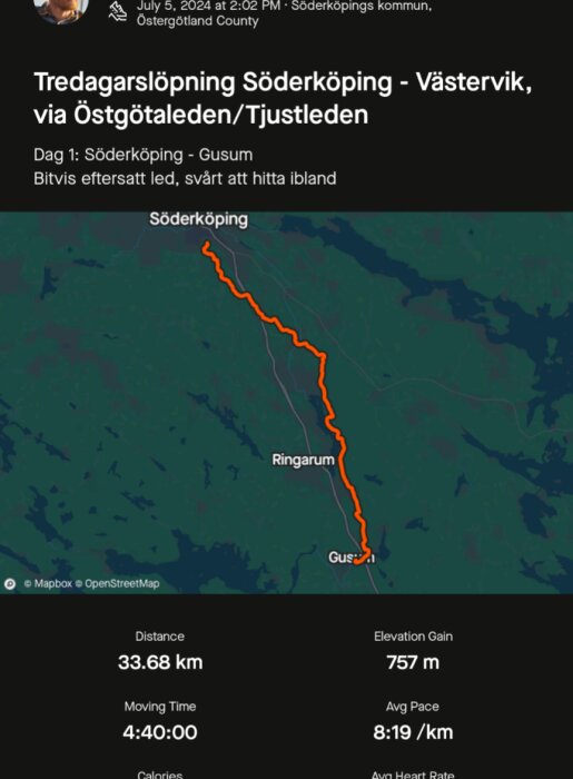 Karta över tredagarslöpning från Söderköping till Gusum via Östgötaleden/Tjustleden, total distans 33.68 km, med 757 m höjdökning och medeltakt 8:19 min/km.