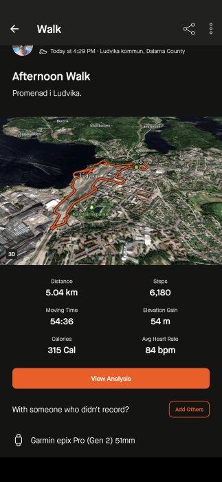 Karta över en promenad på 5,04 km i Ludvika, med detaljer om steg (6 180), tid (54:36), höjdökning (54 m), brända kalorier (315) och genomsnittlig puls (84 bpm).