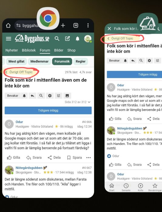 Skärmbilder av två diskussionstrådar på Byggahus.se, en forumdel markerad som "Övrigt Off Topic" med inlägg relaterade till körning i mittenfilen.