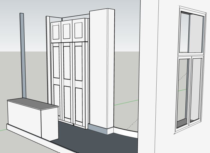 3D-ritning av garderob mellan en vägg och en pelare med rundad kant, samt andra möbler och fönster i rummet.